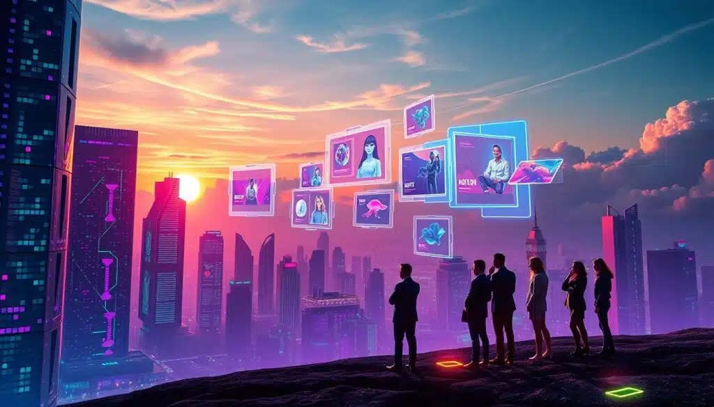 A futuristic blockchain landscape featuring vibrant digital art inspired by NFTs. In the foreground, a sleek, luminescent cityscape with skyscrapers made of blockchain nodes, reflecting colors of purple, blue, and green. In the middle ground, various holographic displays showcasing unique NFT artworks floating in the air, with a diverse group of professionals in modern business attire discussing strategies. The background reveals a dramatic sunset casting a warm glow over the scene, with abstract, swirling clouds representing the evolving digital economy. The atmosphere conveys excitement and innovation, capturing the essence of discovering NFT alpha in 2026. Use a wide-angle lens effect to enhance depth and perspective. A futuristic blockchain landscape featuring vibrant digital art inspired by NFTs. In the foreground, a sleek, luminescent cityscape with skyscrapers made of blockchain nodes, reflecting colors of purple, blue, and green. In the middle ground, various holographic displays showcasing unique NFT artworks floating in the air, with a diverse group of professionals in modern business attire discussing strategies. The background reveals a dramatic sunset casting a warm glow over the scene, with abstract, swirling clouds representing the evolving digital economy. The atmosphere conveys excitement and innovation, capturing the essence of discovering NFT alpha in 2026. Use a wide-angle lens effect to enhance depth and perspective.