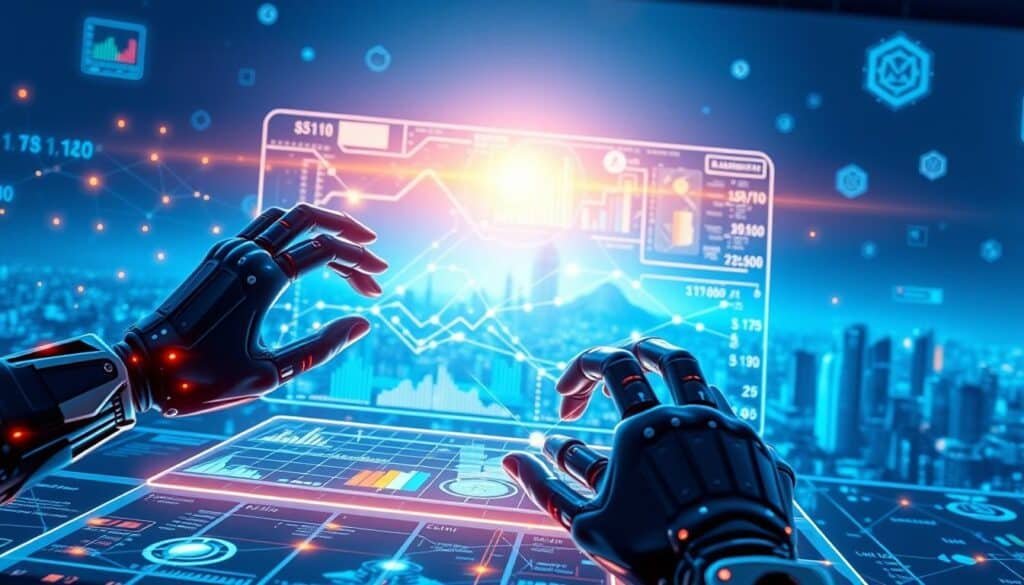 A futuristic blockchain transparency ledger, depicted as a glowing digital interface filled with interconnected nodes and data streams, symbolizing the flow of crypto transactions. In the foreground, a sleek holographic display showcases vivid graphs and charts, while cybernetic hands interact with the data. The middle ground features a virtual city skyline, emphasizing the vast reach and impact of blockchain technology. The background shows a deep blue gradient with binary code elements floating, enhancing the tech-savvy atmosphere. The lighting is bright and cool, with neon accents that create a high-tech mood. Capture this scene from a slightly elevated angle, focusing on the interactions with the transparency ledger, conveying a sense of cutting-edge innovation and trust in crypto tracking.