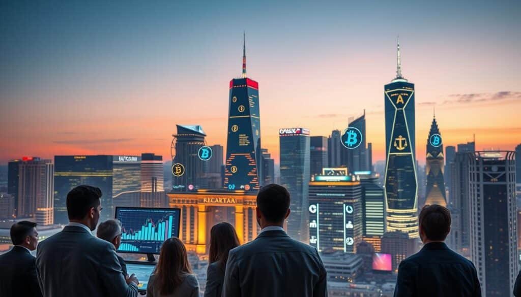 A futuristic city skyline at dusk, showcasing a blend of traditional and digital financial elements. In the foreground, a diverse group of professionals in business attire analyze digital screens displaying crypto market trends like rising bars and candlestick charts. In the middle ground, sleek cryptocurrency symbols float above a bustling market setting, with regulatory buildings adorned with legal symbols, illustrating oversight. The background features glowing skyscrapers intertwined with blockchain motifs and symbols, reflecting a vibrant tech ecosystem. Soft ambient lights highlight the scene, casting a hopeful mood as traders make informed decisions. The angle is slightly elevated, providing a dynamic view of both the market action and regulatory environment, creating a comprehensive depiction of the evolving cryptocurrency landscape.