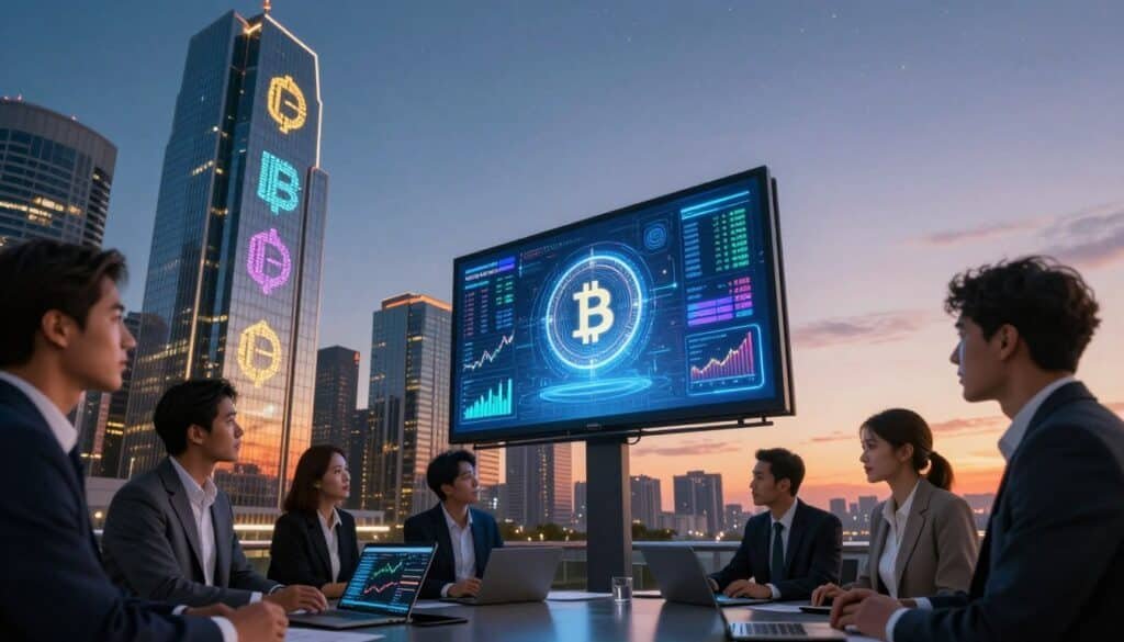 A futuristic city skyline at dusk, symbolizing the rise of Crypto IRAs, with sleek modern buildings reflecting vibrant digital currency symbols in their glass facades. In the foreground, a group of diverse professionals in business attire are engaged in a discussion, analyzing charts and digital displays showcasing cryptocurrency trends. In the middle ground, a digital billboard illuminates the scene with a holographic representation of a Crypto IRA concept, blending financial data with technological elements. The background features a bright sunset sky transitioning to a starry night, creating an optimistic and forward-thinking atmosphere. Use soft lighting to highlight facial expressions and a slight tilt-angle perspective to add depth to the scene. A futuristic city skyline at dusk, symbolizing the rise of Crypto IRAs, with sleek modern buildings reflecting vibrant digital currency symbols in their glass facades. In the foreground, a group of diverse professionals in business attire are engaged in a discussion, analyzing charts and digital displays showcasing cryptocurrency trends. In the middle ground, a digital billboard illuminates the scene with a holographic representation of a Crypto IRA concept, blending financial data with technological elements. The background features a bright sunset sky transitioning to a starry night, creating an optimistic and forward-thinking atmosphere. Use soft lighting to highlight facial expressions and a slight tilt-angle perspective to add depth to the scene.