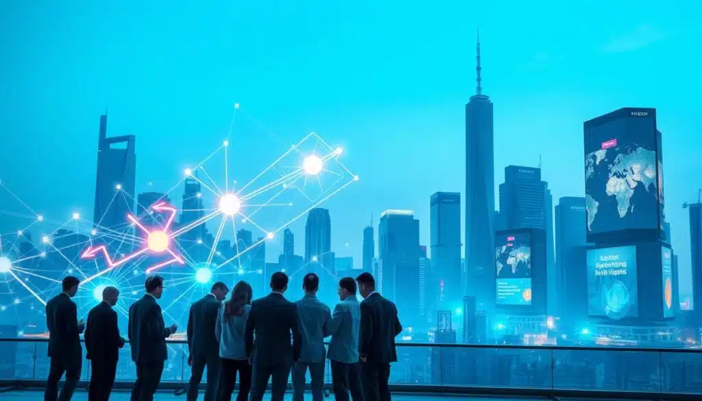 A futuristic city skyline representing innovative payment networks, showcasing interconnected digital transactions through glowing blockchain nodes. In the foreground, a diverse group of professionals in business attire huddle around a large digital display, analyzing cross-border payment data and trends. The middle ground features abstract representations of currency flow, with vibrant arrows and light trails symbolizing fast and secure transactions. The background is filled with sleek skyscrapers and billboards promoting regional initiatives in blockchain technology. Soft, ambient lighting casts a technological glow, creating a sense of advancement and collaboration, while a clear blue sky enhances the atmosphere of optimism and innovation. A futuristic city skyline representing innovative payment networks, showcasing interconnected digital transactions through glowing blockchain nodes. In the foreground, a diverse group of professionals in business attire huddle around a large digital display, analyzing cross-border payment data and trends. The middle ground features abstract representations of currency flow, with vibrant arrows and light trails symbolizing fast and secure transactions. The background is filled with sleek skyscrapers and billboards promoting regional initiatives in blockchain technology. Soft, ambient lighting casts a technological glow, creating a sense of advancement and collaboration, while a clear blue sky enhances the atmosphere of optimism and innovation.