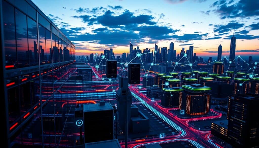 A futuristic cityscape at dusk, showcasing a sprawling blockchain infrastructure network. In the foreground, sleek and modern data centers with glowing neon lights symbolize technological growth. The middle ground features interconnected nodes and colorful digital lines representing data flow, emphasizing network connectivity. In the background, a skyline of innovative skyscrapers with green rooftops reflects sustainability and progress. Harsh yet inviting blue and purple lighting creates a dynamic atmosphere, while a low-angle perspective highlights the scale and importance of the infrastructure. Subtle elements, like flying drones and digital interfaces, enhance the technological vibe, encapsulating the critical role of blockchain in shaping the future. A futuristic cityscape at dusk, showcasing a sprawling blockchain infrastructure network. In the foreground, sleek and modern data centers with glowing neon lights symbolize technological growth. The middle ground features interconnected nodes and colorful digital lines representing data flow, emphasizing network connectivity. In the background, a skyline of innovative skyscrapers with green rooftops reflects sustainability and progress. Harsh yet inviting blue and purple lighting creates a dynamic atmosphere, while a low-angle perspective highlights the scale and importance of the infrastructure. Subtle elements, like flying drones and digital interfaces, enhance the technological vibe, encapsulating the critical role of blockchain in shaping the future.