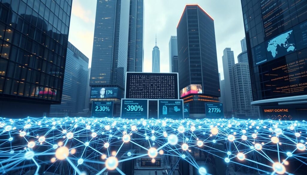 A futuristic cityscape illustrating blockchain scalability and performance solutions, with a network of glowing, interconnecting data nodes in the foreground. The middle ground features a sleek, modern data center with holographic displays showcasing real-time data compression statistics. In the background, towering skyscrapers with digital billboards reflect advanced technology and innovation. Soft, ambient lighting illuminates the scene, casting gentle reflections on glass surfaces, while a wide-angle perspective provides depth. The atmosphere is one of dynamic progress and efficiency, highlighting the intricate and cutting-edge aspects of blockchain technology. Aim for a clean and professional aesthetic, avoiding any clutter or distractions in the composition.