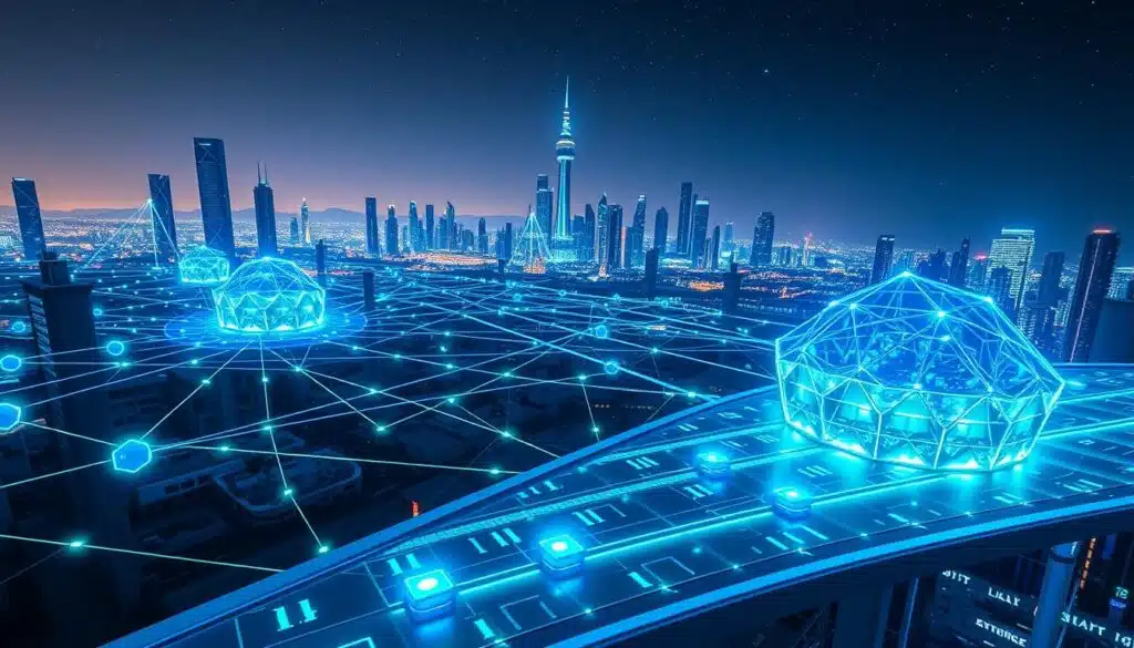 A futuristic cityscape representing blockchain interoperability, with vibrant networks of interconnected digital nodes glowing in blue and green hues. In the foreground, a sleek, transparent digital bridge connects two distinct blockchain islands, symbolized by clusters of geometrically shaped structures, each illuminated with neon accents. The middle ground features sophisticated data streams flowing between these nodes, showcasing various blockchain symbols like Ethereum and Bitcoin integrating harmoniously. The background presents a skyline with abstract skyscrapers and a starry night sky, evoking a sense of innovation and connectivity. The mood is optimistic and energetic, with dynamic lighting highlighting the pathways of collaboration. Shot from a low angle to emphasize the scale and complexity of the interconnected systems, creating an immersive atmosphere of technological advancement. A futuristic cityscape representing blockchain interoperability, with vibrant networks of interconnected digital nodes glowing in blue and green hues. In the foreground, a sleek, transparent digital bridge connects two distinct blockchain islands, symbolized by clusters of geometrically shaped structures, each illuminated with neon accents. The middle ground features sophisticated data streams flowing between these nodes, showcasing various blockchain symbols like Ethereum and Bitcoin integrating harmoniously. The background presents a skyline with abstract skyscrapers and a starry night sky, evoking a sense of innovation and connectivity. The mood is optimistic and energetic, with dynamic lighting highlighting the pathways of collaboration. Shot from a low angle to emphasize the scale and complexity of the interconnected systems, creating an immersive atmosphere of technological advancement.