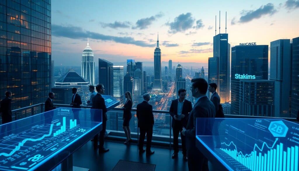 A futuristic cityscape representing blockchain staking trends in 2026, with a detailed focus on digital assets and staking activities. In the foreground, sleek holographic displays showcase real-time staking data and metrics, glowing softly with blue and green hues. The middle ground features professionals in business attire interacting with these displays, engaged in discussions, embodying collaboration and innovation. The background showcases a vibrant skyline of skyscrapers with illuminated blockchain symbols seamlessly integrated into the architecture under a twilight sky. Use soft, ambient lighting to create a tech-savvy atmosphere, adding depth with a wide-angle perspective that captures both the bustling activity and the expansive city. A futuristic cityscape representing blockchain staking trends in 2026, with a detailed focus on digital assets and staking activities. In the foreground, sleek holographic displays showcase real-time staking data and metrics, glowing softly with blue and green hues. The middle ground features professionals in business attire interacting with these displays, engaged in discussions, embodying collaboration and innovation. The background showcases a vibrant skyline of skyscrapers with illuminated blockchain symbols seamlessly integrated into the architecture under a twilight sky. Use soft, ambient lighting to create a tech-savvy atmosphere, adding depth with a wide-angle perspective that captures both the bustling activity and the expansive city.