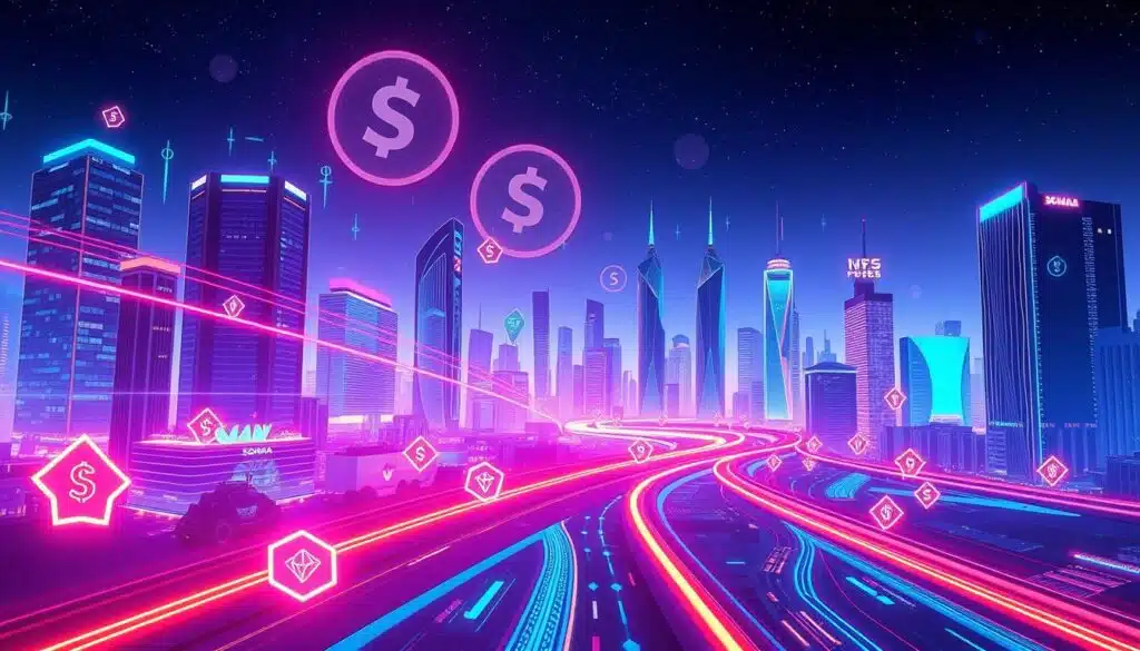 A futuristic cityscape representing the Solana blockchain ecosystem, with digital neon pathways symbolizing speed and efficiency. In the foreground, there are stylized representations of NFTs, like vibrant holographic art pieces, showcasing diversity and creativity. The middle ground features sleek skyscrapers with light trails flowing between them, illustrating scalability, while currency symbols and low-fee indicators float above, indicating affordability. The background highlights a starry night sky suffused with subtle gradients of blue and purple, enhancing the modern and digital atmosphere. Use dynamic, vibrant lighting to emphasize movement and energy, and opt for a slightly elevated angle to capture depth in the scene, creating an optimistic and innovative mood.
