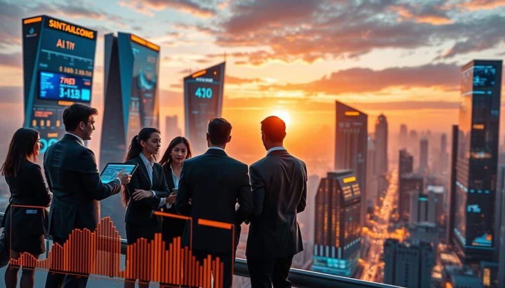 A futuristic cityscape representing the convergence of stablecoins and agentic AI. In the foreground, a group of diverse professionals in business attire collaboratively analyzing digital graphs and holograms depicting stablecoin values and AI algorithms. The middle ground features sleek, glowing buildings with integrated screens showcasing financial data and AI analytics. In the background, a vibrant sunset casts warm light over the city, creating a sense of innovation and progress. The atmosphere feels dynamic and optimistic, emphasizing the synergy between technology and finance. Use a wide-angle lens for depth, focusing on the professionals while capturing the expansive city in a slightly blurred background to enhance the sense of action and collaboration.