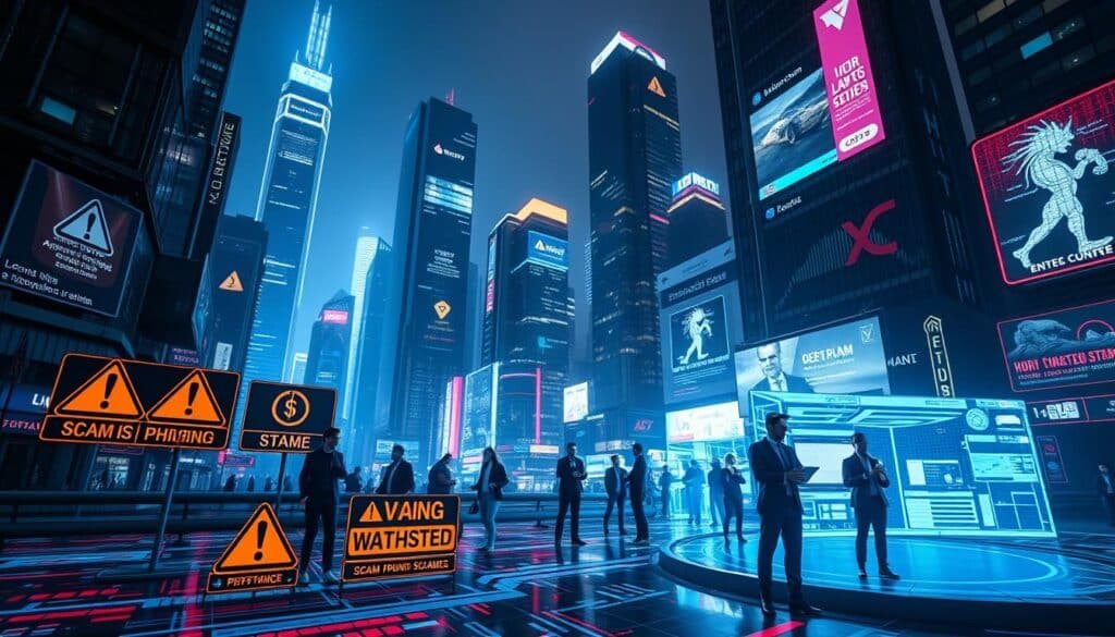 A futuristic cityscape representing the evolving landscape of cryptocurrency scams. In the foreground, a digital interface displays warning signs and alerts, highlighting various scam tactics like phishing and Ponzi schemes. The middle ground features diverse individuals in professional business attire analyzing data on laptops and tablets, showcasing their engagement with AI detection tools. In the background, towering skyscrapers with holographic advertisements symbolize the booming crypto market, merging cutting-edge technology with looming threats. The scene is illuminated by a dim, cyberpunk glow, with accents of bright neon colors, creating a tense but focused atmosphere. A low-angle view captures the vastness and urgency of the situation, inviting viewers to grasp the challenges ahead in crypto security.