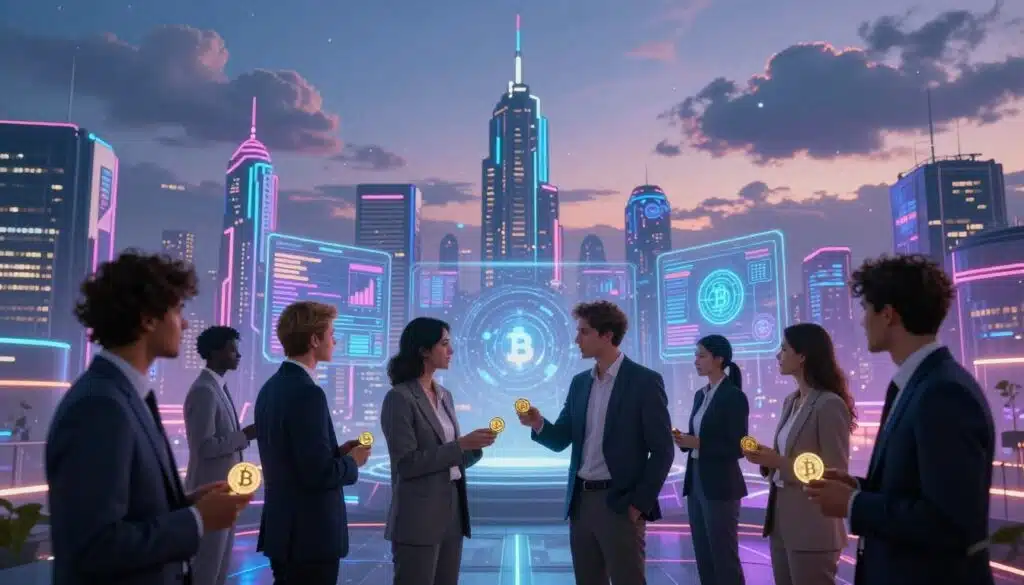 A futuristic cityscape representing the metaverse, with iconic digital landmarks and virtual reality environments. In the foreground, a group of diverse individuals wearing professional business attire, discussing cryptocurrencies and exchanging virtual coins, showcasing collaboration and innovation. In the middle ground, advanced holographic displays illuminate the scene, depicting cryptocurrency charts and blockchain concepts. The background features a skyline of interconnected buildings, glowing with neon colors, under a twilight sky filled with digital clouds. Soft ambient lighting creates a vibrant yet mystical atmosphere, emphasizing the possibilities of technology in finance and society. Use a wide-angle lens to capture the dynamic depth of the scene, conveying excitement and potential.