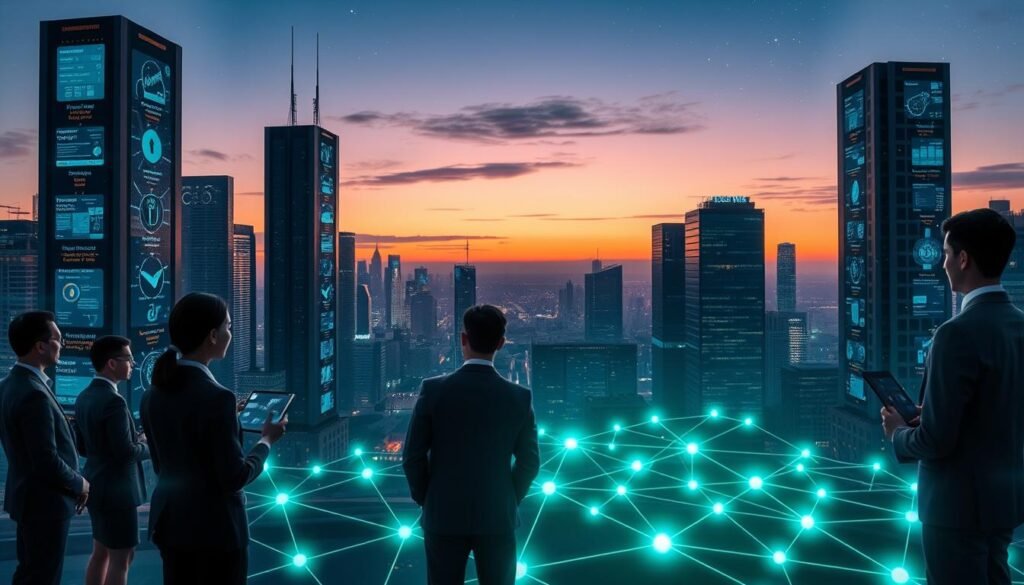 A futuristic cityscape serves as the backdrop, showcasing sleek skyscrapers embedded with digital screens illustrating blockchain technology flows. In the foreground, a diverse group of professionals—men and women in business attire—engage with holographic interfaces displaying data streams from autonomous agents. The middle ground features a smooth, glowing network of interconnected nodes symbolizing the blockchain, pulsating with light in shades of blue and green. Overhead, the sky transitions from twilight to night, with stars subtly glowing, creating a sense of innovation and possibility. The lighting is dynamic, with soft glows highlighting key elements and casting gentle shadows. The overall atmosphere conveys excitement and forward-thinking, reflecting the synergy between technology and real-world applications. A futuristic cityscape serves as the backdrop, showcasing sleek skyscrapers embedded with digital screens illustrating blockchain technology flows. In the foreground, a diverse group of professionals—men and women in business attire—engage with holographic interfaces displaying data streams from autonomous agents. The middle ground features a smooth, glowing network of interconnected nodes symbolizing the blockchain, pulsating with light in shades of blue and green. Overhead, the sky transitions from twilight to night, with stars subtly glowing, creating a sense of innovation and possibility. The lighting is dynamic, with soft glows highlighting key elements and casting gentle shadows. The overall atmosphere conveys excitement and forward-thinking, reflecting the synergy between technology and real-world applications.