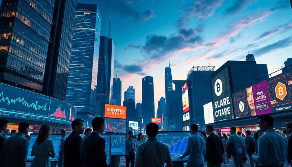 A futuristic cityscape showcasing a vibrant digital marketplace, representing undervalued crypto projects. In the foreground, a diverse group of professionals in smart business attire engage in lively discussion over holographic screens displaying crypto charts and graphs. The middle ground features large LED billboards advertising lesser-known cryptocurrencies, glowing in various colors, illuminated by dynamic, shifting lights. In the background, towering skyscrapers with intricate glass designs reflect a twilight sky, glowing with deep blues and purples, creating a sense of optimism. Soft, ambient lighting enhances the atmosphere, evoking curiosity and potential. The angle is slightly elevated, capturing the hustle of the marketplace while maintaining an inspiring and innovative mood. Avoid any text or branding elements in the composition.