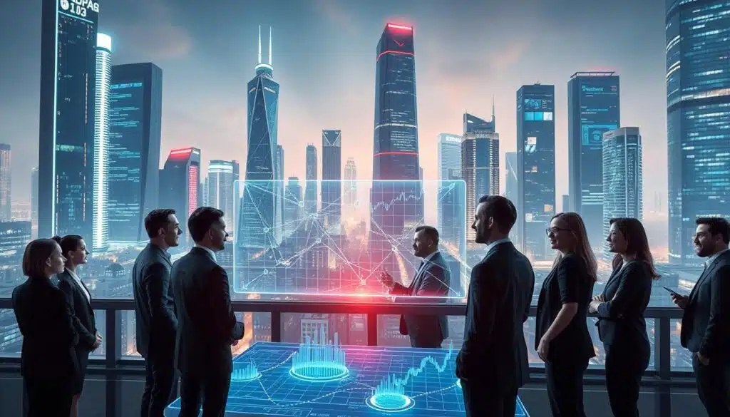 A futuristic cityscape showcasing the blockchain monitoring market in 2026. In the foreground, a group of diverse professionals in smart business attire, engaged in lively discussions around holographic blueprints of blockchain networks. The middle ground features a digital dashboard displaying real-time data metrics, with glowing graphs and interconnected nodes symbolizing blockchain technology. The background includes sleek, high-tech skyscrapers with dynamic LED displays illustrating the rise of blockchain enterprises. The scene is illuminated by soft, ambient lighting that creates a high-tech atmosphere, with a slight lens flare for a polished look. Capture the essence of innovation and collaboration within this evolving industry, focusing on the synergy between technology and expertise.