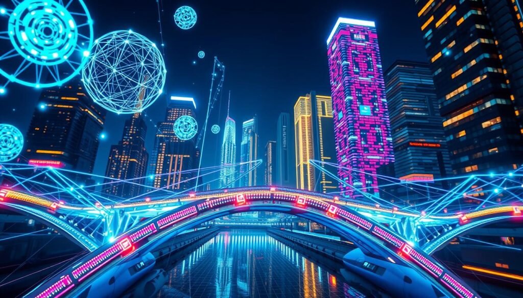 A futuristic cross-chain bridge architecture featuring intertwining digital pathways connecting distinct blockchain networks in a vibrant cityscape. In the foreground, intricate smart contracts represented as glowing orbs hover over the pathways. The middle layer showcases a sleek, high-tech bridge structure illuminated with diverse LED colors and data streams flowing between the chains. In the background, towering skyscrapers represent various blockchains, their facades adorned with digital motifs. Bright, soft lighting enhances the advanced technology atmosphere, captured from a low-angle perspective to emphasize height and connectivity. The scene conveys a sense of unity and innovation, embodying the concept of cross-chain interoperability. No text, logos, or watermarks are included.