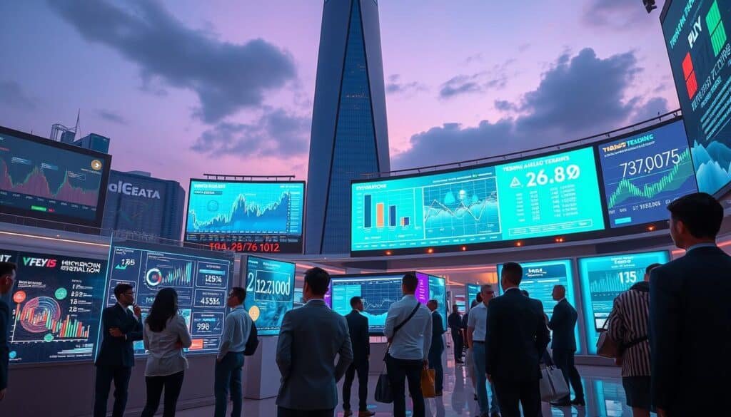 A futuristic crypto market landscape for 2026, showcasing a bustling digital trading floor. In the foreground, a diverse group of professionals in smart business attire analyze holographic charts and blockchain data on transparent screens. The middle ground features large digital kiosks displaying vibrant graphics of cryptocurrencies and trending AI blockchain projects. The background reveals a sleek, modern skyscraper with glowing LED panels illustrating market statistics against a twilight sky. Soft, ambient lighting emanates from the screens, creating a dynamic, optimistic atmosphere. Capture the scene with a wide-angle lens to emphasize the scale and energy of this vibrant market stage, encapsulating innovation and collaboration in the digital economy.