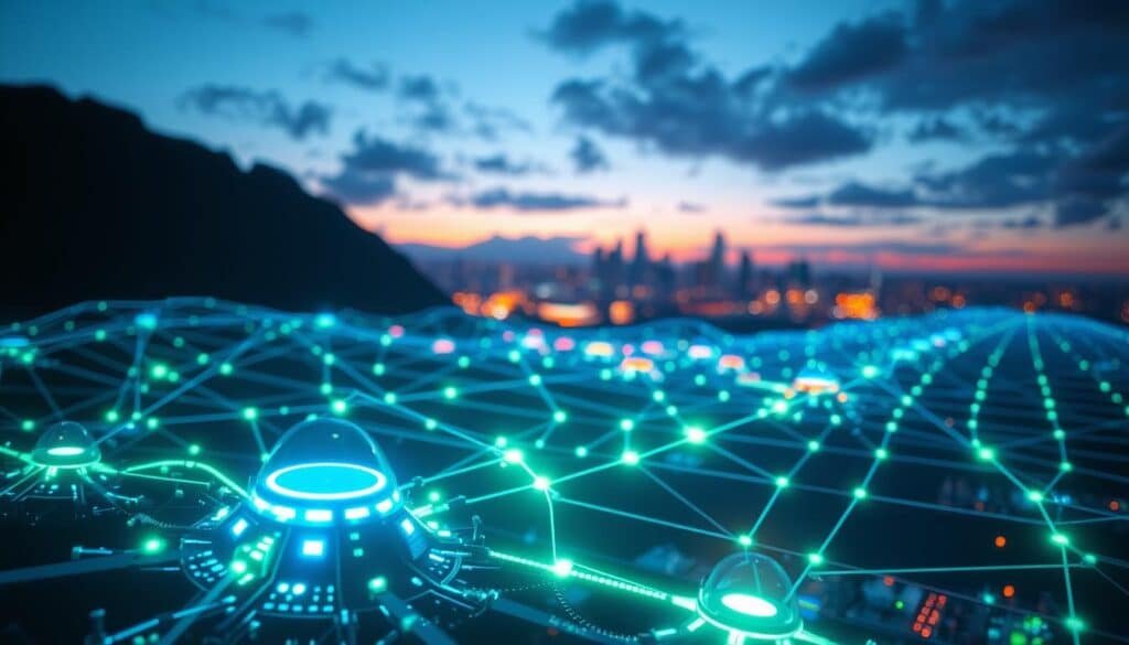 A futuristic, decentralized AI network visualized in a vibrant digital landscape. In the foreground, detailed nodes and interconnected circuits glow with neon blue and green light, representing the AI processes actively communicating. The middle ground features a dynamic mesh of floating holographic data streams, visually illustrating real-time data sharing among various AI systems. In the background, a city skyline at dusk hints at technological advancement, with subtle lighting suggesting a fusion of nature and tech. The scene is lit with dramatic, ambient lighting casting soft shadows, creating a sense of depth and innovation. The overall mood is optimistic and forward-thinking, emphasizing the transformative power of decentralized AI. A futuristic, decentralized AI network visualized in a vibrant digital landscape. In the foreground, detailed nodes and interconnected circuits glow with neon blue and green light, representing the AI processes actively communicating. The middle ground features a dynamic mesh of floating holographic data streams, visually illustrating real-time data sharing among various AI systems. In the background, a city skyline at dusk hints at technological advancement, with subtle lighting suggesting a fusion of nature and tech. The scene is lit with dramatic, ambient lighting casting soft shadows, creating a sense of depth and innovation. The overall mood is optimistic and forward-thinking, emphasizing the transformative power of decentralized AI.