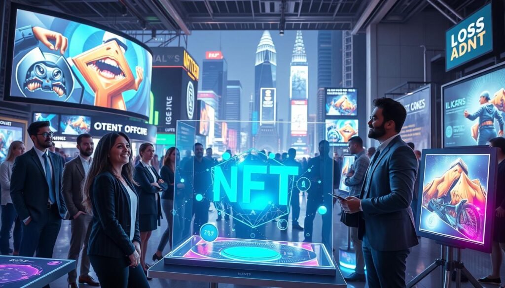 A futuristic digital art marketplace depicting the concept of NFT royalties. In the foreground, a diverse group of artists (dressed in professional attire) joyfully display their digital artworks on sleek holographic screens. The middle ground features abstract representations of crypto currencies and royalty transactions, symbolizing economic dynamics in the NFT space, with vibrant colors pulsating around them. In the background, a city skyline showcases digital billboards flashing artwork and NFT sales, illuminated by soft, neon lights, creating a tech-savvy atmosphere. The composition is captured from a slightly elevated angle that conveys a sense of bustling activity, signifying growth and innovation in the digital art market. The overall mood is optimistic and creative, highlighting the transformative potential of NFTs in the art world.
