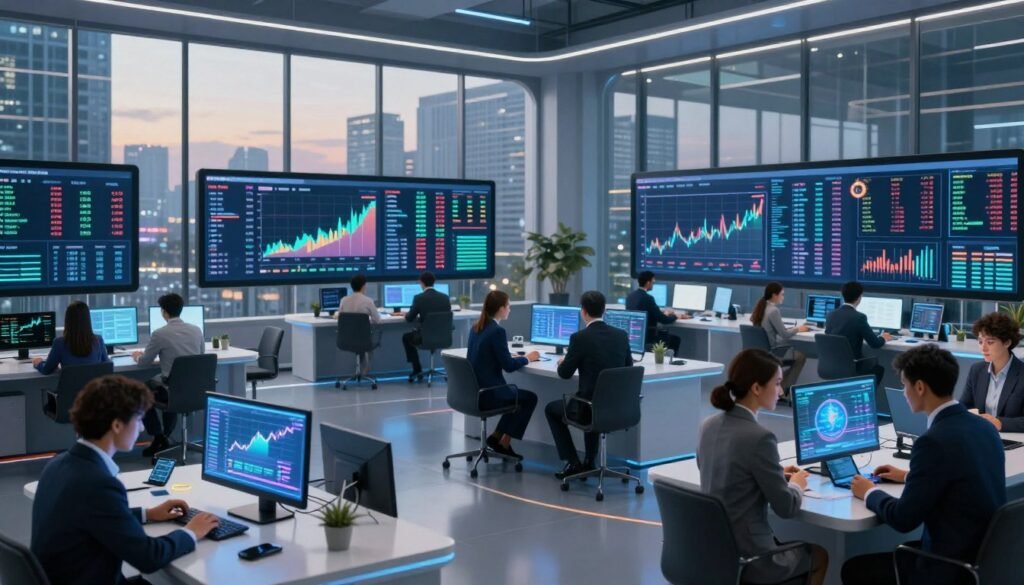 A futuristic digital asset OTC market landscape, showcasing a sleek, modern trading floor filled with digital screens displaying cryptocurrency charts and market analytics. In the foreground, a diverse group of professionals in business attire, engaged in discussions over digital devices and holographic projections. In the middle, large interactive displays featuring real-time trading data and graphs, emphasizing the dynamic nature of the crypto OTC market. The background reveals a high-tech city skyline through expansive glass windows, bathed in soft, ambient twilight lighting, creating a professional and innovative atmosphere. The perspective is wide-angle, emphasizing collaboration and the convergence of technology and finance within the crypto market, with a clean, modern aesthetic.