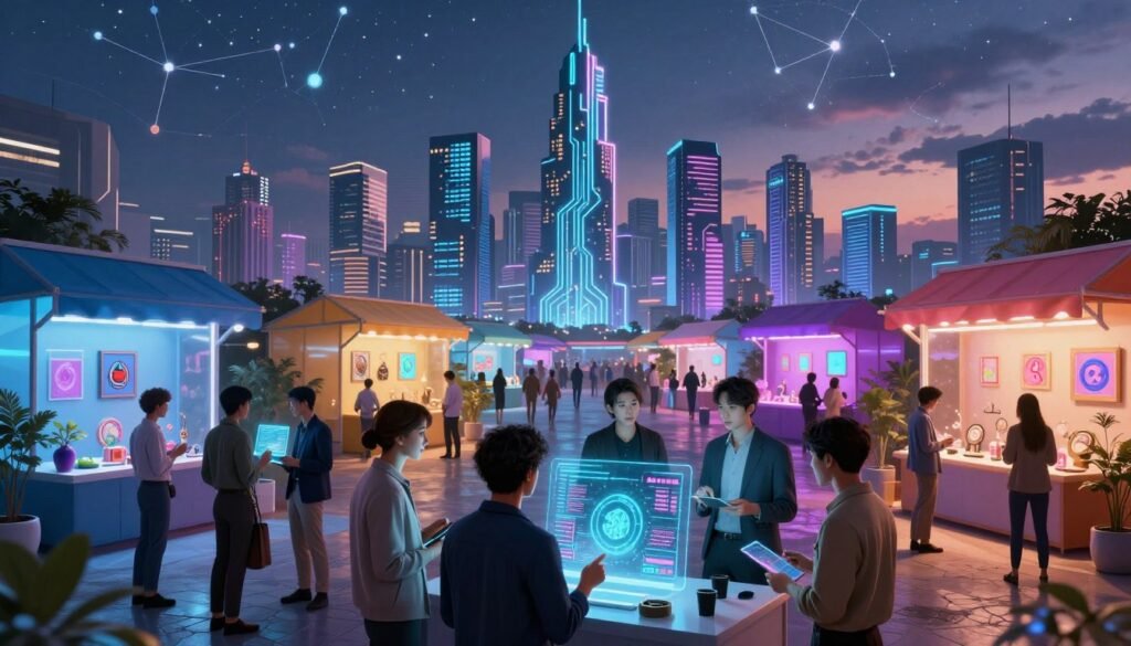 A futuristic digital landscape depicting a vibrant metaverse economy. In the foreground, a diverse group of professional individuals, dressed in smart casual attire, are engaged in animated discussions while analyzing holographic displays of blockchain data and NFTs. The middle ground features a visually striking marketplace bustling with virtual storefronts showcasing unique digital assets, like art and collectibles, sparkling with neon colors. In the background, a sprawling city of impressive skyscrapers made of glowing circuits and pixelated designs under a twilight sky filled with digital constellations, creating a sense of limitless possibilities. Soft, ambient lighting enhances the atmosphere, while a slight lens flare adds a sense of technological wonder, encapsulating the essence of innovation and creativity within the metaverse economy. A futuristic digital landscape depicting a vibrant metaverse economy. In the foreground, a diverse group of professional individuals, dressed in smart casual attire, are engaged in animated discussions while analyzing holographic displays of blockchain data and NFTs. The middle ground features a visually striking marketplace bustling with virtual storefronts showcasing unique digital assets, like art and collectibles, sparkling with neon colors. In the background, a sprawling city of impressive skyscrapers made of glowing circuits and pixelated designs under a twilight sky filled with digital constellations, creating a sense of limitless possibilities. Soft, ambient lighting enhances the atmosphere, while a slight lens flare adds a sense of technological wonder, encapsulating the essence of innovation and creativity within the metaverse economy.