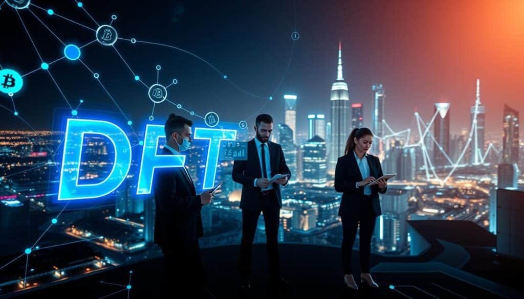 A futuristic digital landscape depicting the concept of "NFT domain ownership" in the foreground, featuring a sleek, holographic domain name displayed prominently, glowing in vibrant colors like blue and green. Surrounding the domain name, abstract representations of blockchain nodes and cryptocurrency symbols weave through the air, highlighting the technology's essence. In the middle ground, a diverse group of three professionals in business attire, discussing and analyzing the NFT domain landscape, with digital tablets in hand displaying graphs and domain information. The background showcases a city skyline illuminated by the light of virtual screens and augmented reality elements, conveying a modern, tech-savvy atmosphere. The image is captured with a wide-angle lens, bright lighting to enhance clarity, evoking a sense of innovation and possibility in the NFT domain space. A futuristic digital landscape depicting the concept of "NFT domain ownership" in the foreground, featuring a sleek, holographic domain name displayed prominently, glowing in vibrant colors like blue and green. Surrounding the domain name, abstract representations of blockchain nodes and cryptocurrency symbols weave through the air, highlighting the technology's essence. In the middle ground, a diverse group of three professionals in business attire, discussing and analyzing the NFT domain landscape, with digital tablets in hand displaying graphs and domain information. The background showcases a city skyline illuminated by the light of virtual screens and augmented reality elements, conveying a modern, tech-savvy atmosphere. The image is captured with a wide-angle lens, bright lighting to enhance clarity, evoking a sense of innovation and possibility in the NFT domain space.