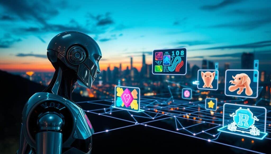 A futuristic digital landscape depicting the intersection of AI and NFTs. In the foreground, a sleek, metallic AI robot analyzes vibrant, artistic digital NFTs displayed on floating screens, showcasing various styles like abstract art, pixel art, and 3D designs. The middle ground features a network of glowing circuit patterns connecting the robot and NFTs, symbolizing the integration of technology and creativity. In the background, a skyline of a modern city under a twilight sky, illuminated by neon lights, reflects the innovative and dynamic nature of the space. The scene is well-lit with a soft bokeh effect, creating an atmosphere of creativity and technological advancement, captured from a low angle to emphasize the scale and significance of AI in the digital art world. A futuristic digital landscape depicting the intersection of AI and NFTs. In the foreground, a sleek, metallic AI robot analyzes vibrant, artistic digital NFTs displayed on floating screens, showcasing various styles like abstract art, pixel art, and 3D designs. The middle ground features a network of glowing circuit patterns connecting the robot and NFTs, symbolizing the integration of technology and creativity. In the background, a skyline of a modern city under a twilight sky, illuminated by neon lights, reflects the innovative and dynamic nature of the space. The scene is well-lit with a soft bokeh effect, creating an atmosphere of creativity and technological advancement, captured from a low angle to emphasize the scale and significance of AI in the digital art world.