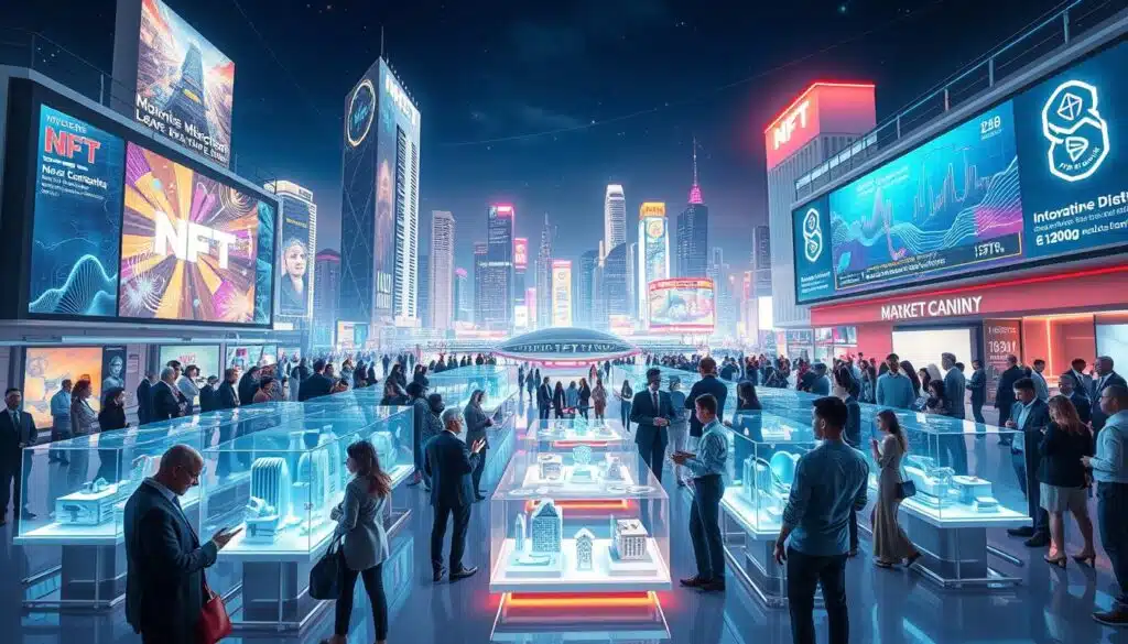 A futuristic digital landscape depicting the vibrant market trends of NFTs in 2026. In the foreground, an array of diverse professionals in business attire are engaged in animated discussions around holographic NFT displays showcasing innovative digital art, collectibles, and virtual real estate. The middle ground features a sleek, modern marketplace with large screens displaying real-time data on NFT transactions and trends. In the background, a skyline of futuristic buildings adorned with digital billboards illustrating blockchain technology and cryptocurrency symbols. The scene is illuminated by dynamic, colorful lighting, creating an optimistic and innovative atmosphere, captured with a wide-angle lens to emphasize depth and perspective, evoking a sense of excitement and progress in the NFT space.