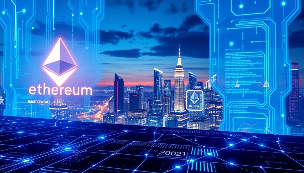 A futuristic digital landscape featuring interconnected smart contracts on the Ethereum blockchain, prominently displayed in the foreground. Large, glowing Ethereum logos and stylized smart contract code snippets hover over a high-tech interface. In the middle ground, sleek data lines and nodes represent the flow of information, with ethereal circuit patterns weaving through. The background showcases a modern city skyline, illuminated with vibrant neon lights against a twilight sky, giving a sense of innovation and technological advancement. Soft, blue lighting enhances the digital atmosphere, creating a professional and dynamic mood. The camera angle is slightly tilted upward, emphasizing the grandeur of the blockchain architecture. No text or additional elements included.