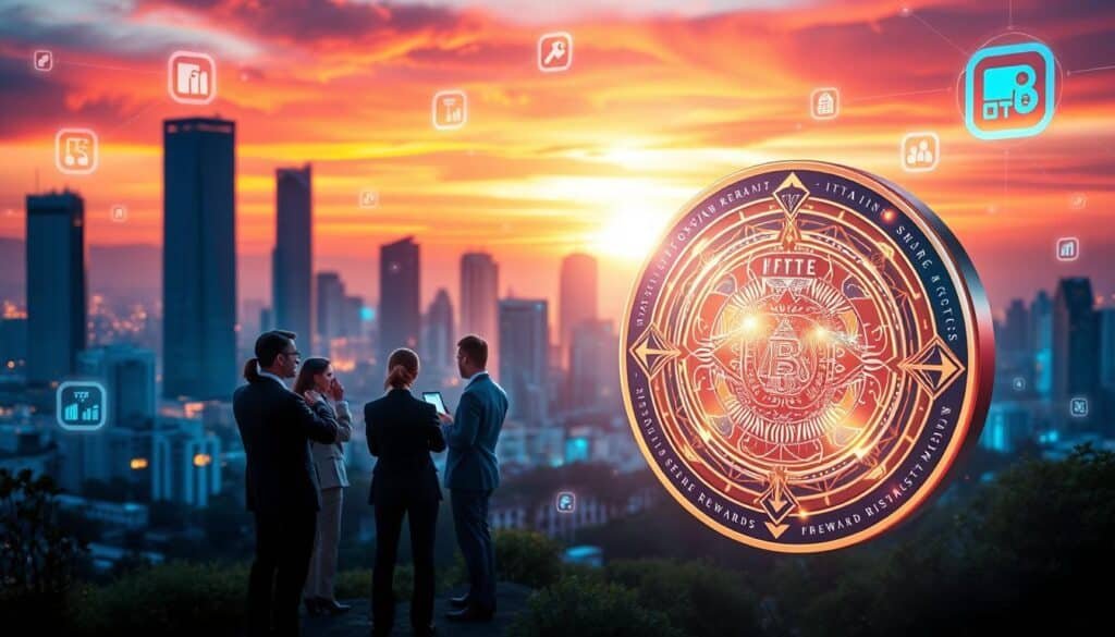 A futuristic digital landscape focusing on blockchain technology, featuring a large, visually striking NFT token in the foreground that glows with intricate designs symbolizing secure rewards. In the middle ground, visualize a diverse group of professionals in business attire engaged in discussions, analyzing digital interfaces displaying reward metrics and blockchain data. The background should depict a city skyline integrated with digital elements, like floating data streams and blockchain nodes, under a vibrant sunset sky creating a warm and optimistic atmosphere. The lighting is bright and dynamic, emphasizing the innovation of technology, with a slight bokeh effect to add depth. The overall mood is inspiring and forward-looking, capturing the essence of the NFT rewards ecosystem. A futuristic digital landscape focusing on blockchain technology, featuring a large, visually striking NFT token in the foreground that glows with intricate designs symbolizing secure rewards. In the middle ground, visualize a diverse group of professionals in business attire engaged in discussions, analyzing digital interfaces displaying reward metrics and blockchain data. The background should depict a city skyline integrated with digital elements, like floating data streams and blockchain nodes, under a vibrant sunset sky creating a warm and optimistic atmosphere. The lighting is bright and dynamic, emphasizing the innovation of technology, with a slight bokeh effect to add depth. The overall mood is inspiring and forward-looking, capturing the essence of the NFT rewards ecosystem.