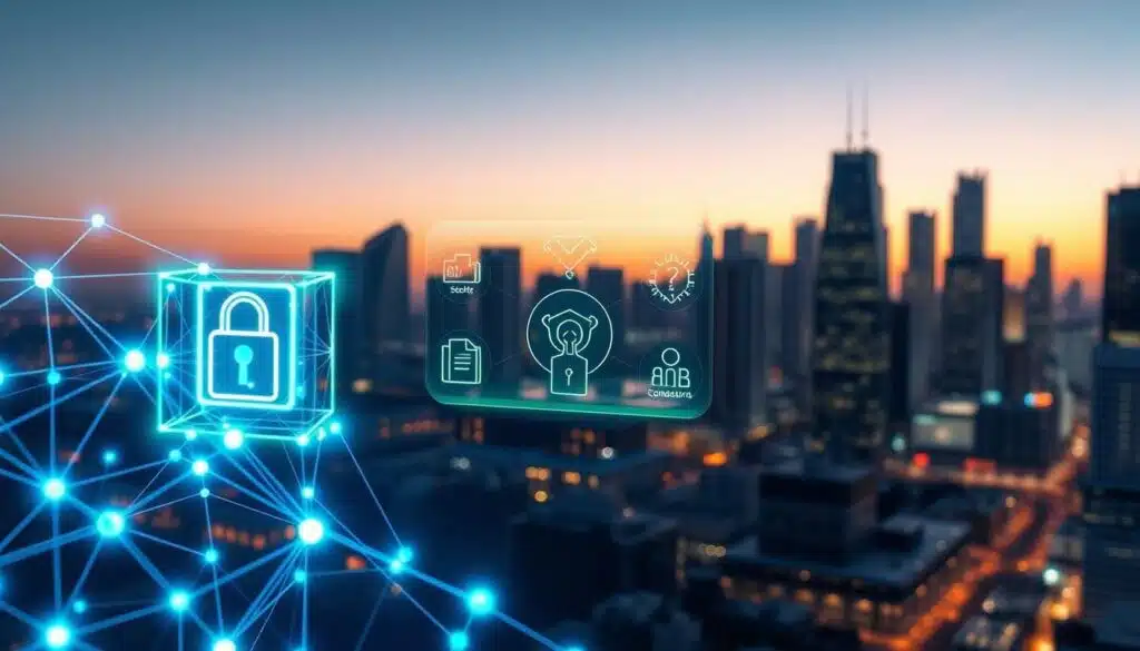 A futuristic digital landscape highlighting the fundamentals of blockchain technology for document verification. In the foreground, a transparent 3D blockchain structure intertwines with secure digital documents, glowing with blue and green lights. The middle layer features stylized icons representing security, consensus, and decentralization, interconnected by glowing lines. In the background, a cityscape with modern skyscrapers reflects technological advancements, bathed in soft pastel hues of twilight, symbolizing innovation. Use a wide-angle lens to emphasize depth, creating a dynamic perspective. The overall mood is optimistic and professional, conveying the potential of blockchain in enhancing document security and verification processes.