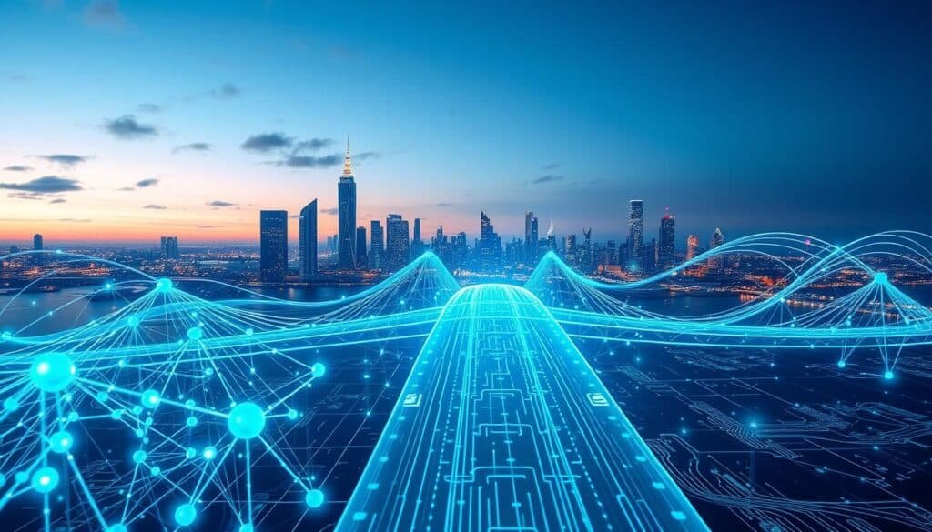 A futuristic digital landscape illustrating blockchain bridge interoperability. In the foreground, intricate 3D representations of interconnected blockchain nodes, glowing with vibrant blue and green lights, symbolize data transfer. The middle ground features a sleek, transparent bridge, with flowing lines and circuitry patterns, connecting two distinct blockchain ecosystems. In the background, a stylized city skyline with digital elements, under a twilight sky enhanced by a soft, ethereal glow, represents the Web3 environment. The scene is illuminated with dynamic lighting that suggests motion and connection. The atmosphere is optimistic and innovative, capturing the essence of technological advancement. Use a wide-angle lens to capture the expanse and interconnectedness of this digital realm. Ensure no text, watermarks, or visual clutter distract from the main focus.