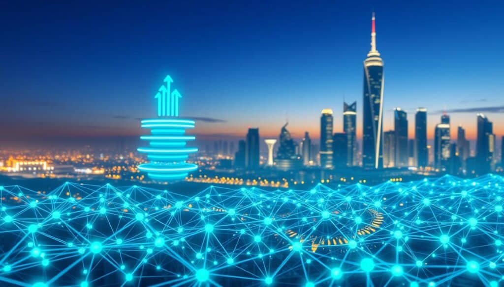 A futuristic digital landscape illustrating blockchain scalability and efficiency. In the foreground, a series of interconnected nodes represent a bustling blockchain network, each node glowing with blue and green light. The middle ground features a sleek, scalable architecture resembling layered platforms, symbolizing Layer 2 solutions. These platforms should depict upward growth, with arrows and graphs visually enhancing the concept of efficiency. In the background, a cityscape with shimmering skyscrapers under a twilight sky, illuminated by soft golden lights, suggests advanced technology and innovation. Use a wide-angle lens effect to emphasize depth, and create a vibrant, optimistic mood with a tranquil color palette of blues, greens, and golds. A futuristic digital landscape illustrating blockchain scalability and efficiency. In the foreground, a series of interconnected nodes represent a bustling blockchain network, each node glowing with blue and green light. The middle ground features a sleek, scalable architecture resembling layered platforms, symbolizing Layer 2 solutions. These platforms should depict upward growth, with arrows and graphs visually enhancing the concept of efficiency. In the background, a cityscape with shimmering skyscrapers under a twilight sky, illuminated by soft golden lights, suggests advanced technology and innovation. Use a wide-angle lens effect to emphasize depth, and create a vibrant, optimistic mood with a tranquil color palette of blues, greens, and golds.