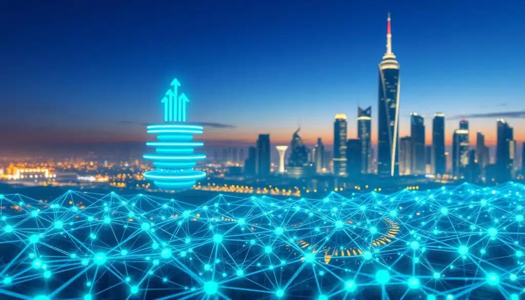 A futuristic digital landscape illustrating blockchain scalability and efficiency. In the foreground, a series of interconnected nodes represent a bustling blockchain network, each node glowing with blue and green light. The middle ground features a sleek, scalable architecture resembling layered platforms, symbolizing Layer 2 solutions. These platforms should depict upward growth, with arrows and graphs visually enhancing the concept of efficiency. In the background, a cityscape with shimmering skyscrapers under a twilight sky, illuminated by soft golden lights, suggests advanced technology and innovation. Use a wide-angle lens effect to emphasize depth, and create a vibrant, optimistic mood with a tranquil color palette of blues, greens, and golds.
