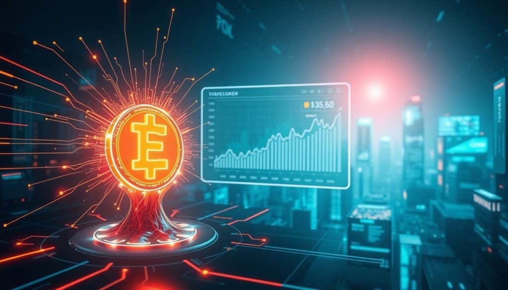 A futuristic digital landscape illustrating the AI Token Burn Mechanism. In the foreground, a glowing, vibrant token symbol is melting into a digital vortex, representing the burning process, with streams of light and data flowing outward. The middle layer showcases a sleek, modern interface with animated graphs and charts that depict token supply decrease, emphasizing the concept of scarcity. In the background, a dark, high-tech cityscape with digital billboards symbolizing the blockchain technology that supports this mechanism. Use cool blue and green lighting to create a tech-savvy atmosphere, and a slight lens blur to add depth, focusing on the token's transformation. Aim for a professional and innovative mood to capture the essence of a high-tech financial environment.
