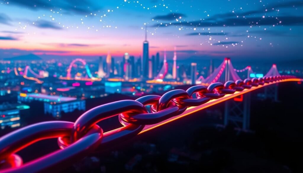 A futuristic digital landscape illustrating the concept of NFT bridges connecting diverse blockchains. In the foreground, intricately designed 3D chain links symbolizing connection and transfer, glowing softly with neon colors. The middle ground features abstract representations of different blockchain networks, visualized as vibrant nodes and data streams merging through the bridges. The background showcases a stylized city skyline under a twilight sky filled with data visualizations and bright stars, suggesting innovation and technology. The scene is lit with a blend of blue and purple hues, enhancing a sense of modernity and sophistication. The atmosphere conveys excitement and curiosity about the emerging world of NFTs. A futuristic digital landscape illustrating the concept of NFT bridges connecting diverse blockchains. In the foreground, intricately designed 3D chain links symbolizing connection and transfer, glowing softly with neon colors. The middle ground features abstract representations of different blockchain networks, visualized as vibrant nodes and data streams merging through the bridges. The background showcases a stylized city skyline under a twilight sky filled with data visualizations and bright stars, suggesting innovation and technology. The scene is lit with a blend of blue and purple hues, enhancing a sense of modernity and sophistication. The atmosphere conveys excitement and curiosity about the emerging world of NFTs.