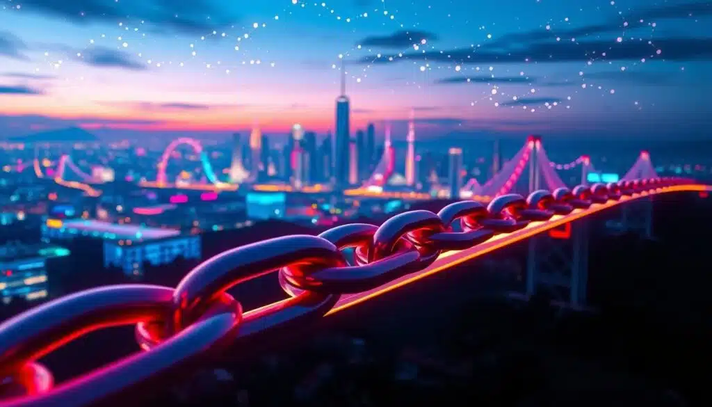 A futuristic digital landscape illustrating the concept of NFT bridges connecting diverse blockchains. In the foreground, intricately designed 3D chain links symbolizing connection and transfer, glowing softly with neon colors. The middle ground features abstract representations of different blockchain networks, visualized as vibrant nodes and data streams merging through the bridges. The background showcases a stylized city skyline under a twilight sky filled with data visualizations and bright stars, suggesting innovation and technology. The scene is lit with a blend of blue and purple hues, enhancing a sense of modernity and sophistication. The atmosphere conveys excitement and curiosity about the emerging world of NFTs. A futuristic digital landscape illustrating the concept of NFT bridges connecting diverse blockchains. In the foreground, intricately designed 3D chain links symbolizing connection and transfer, glowing softly with neon colors. The middle ground features abstract representations of different blockchain networks, visualized as vibrant nodes and data streams merging through the bridges. The background showcases a stylized city skyline under a twilight sky filled with data visualizations and bright stars, suggesting innovation and technology. The scene is lit with a blend of blue and purple hues, enhancing a sense of modernity and sophistication. The atmosphere conveys excitement and curiosity about the emerging world of NFTs.