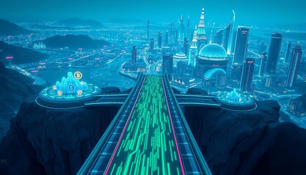 A futuristic digital landscape illustrating the concept of cross-chain bridges within the blockchain ecosystem. In the foreground, a sleek, semi-transparent bridge connects two distinct digital worlds, represented by distinct islands made up of blockchain nodes and vibrant cryptocurrency symbols. The middle ground features dynamic data streams flowing across the bridge, illuminated by neon blue and green lights. In the background, a sprawling city of advanced technology towers with glowing circuits and holographic interfaces, symbolizing connectivity and innovation. The scene is bathed in cool ambient lighting, evoking a sense of exploration and excitement. The angle is slightly elevated, providing a panoramic view of this interconnected digital realm, highlighting the importance of cross-chain technology in modern blockchain applications.