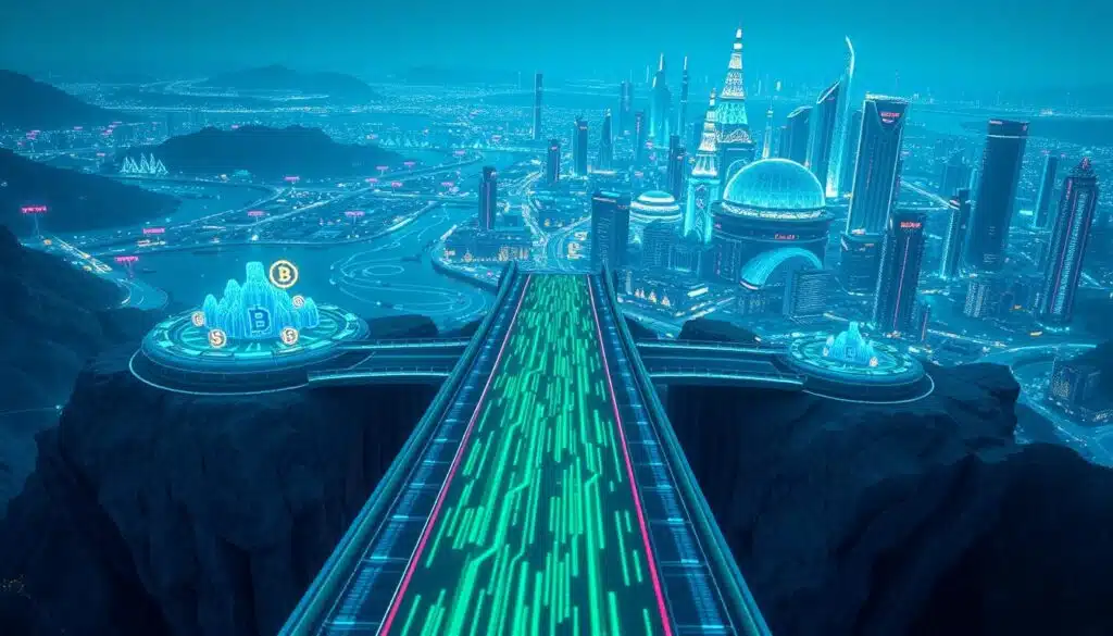 A futuristic digital landscape illustrating the concept of cross-chain bridges within the blockchain ecosystem. In the foreground, a sleek, semi-transparent bridge connects two distinct digital worlds, represented by distinct islands made up of blockchain nodes and vibrant cryptocurrency symbols. The middle ground features dynamic data streams flowing across the bridge, illuminated by neon blue and green lights. In the background, a sprawling city of advanced technology towers with glowing circuits and holographic interfaces, symbolizing connectivity and innovation. The scene is bathed in cool ambient lighting, evoking a sense of exploration and excitement. The angle is slightly elevated, providing a panoramic view of this interconnected digital realm, highlighting the importance of cross-chain technology in modern blockchain applications. A futuristic digital landscape illustrating the concept of cross-chain bridges within the blockchain ecosystem. In the foreground, a sleek, semi-transparent bridge connects two distinct digital worlds, represented by distinct islands made up of blockchain nodes and vibrant cryptocurrency symbols. The middle ground features dynamic data streams flowing across the bridge, illuminated by neon blue and green lights. In the background, a sprawling city of advanced technology towers with glowing circuits and holographic interfaces, symbolizing connectivity and innovation. The scene is bathed in cool ambient lighting, evoking a sense of exploration and excitement. The angle is slightly elevated, providing a panoramic view of this interconnected digital realm, highlighting the importance of cross-chain technology in modern blockchain applications.