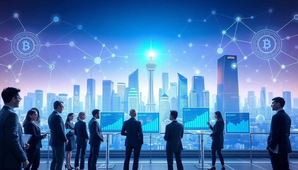 A futuristic digital landscape illustrating the evolution of digital lending fintech. In the foreground, a diverse group of professionals in business attire discusses blockchain technology and AI applications, surrounded by sleek holographic displays showing graphs of loan approvals and cryptocurrency values. The middle ground features a vibrant city skyline with tall, glass-fronted buildings, each representing different fintech companies. In the background, an abstract digital network symbolically connects various elements of the scene, illustrating the flow of information and funds. The lighting is bright and optimistic, with a bluish hue suggesting technological advancement. Use a wide-angle perspective to capture the depth of the scene, creating a dynamic and engaging atmosphere that reflects the innovation of AI crypto lending and its associated risks.