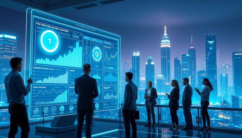 A futuristic digital landscape illustrating the functions of crypto token launchpads. In the foreground, a large, sleek holographic display showcases various crypto tokens and metrics, with glowing graphs and charts. A diverse group of professionals in business attire, engaged in discussion and analyzing data, surround the display. The middle ground features stylized icons representing AI technology and blockchain features, seamlessly integrating with the environment. The background reveals a vibrant cityscape filled with high-tech buildings illuminated by dynamic lighting, giving a sense of innovation and progress. The atmosphere is energetic and optimistic, with a color palette of blue and green tones enhancing the tech-forward theme. The image is captured with a wide-angle lens to emphasize the collaborative environment and the futuristic setting.