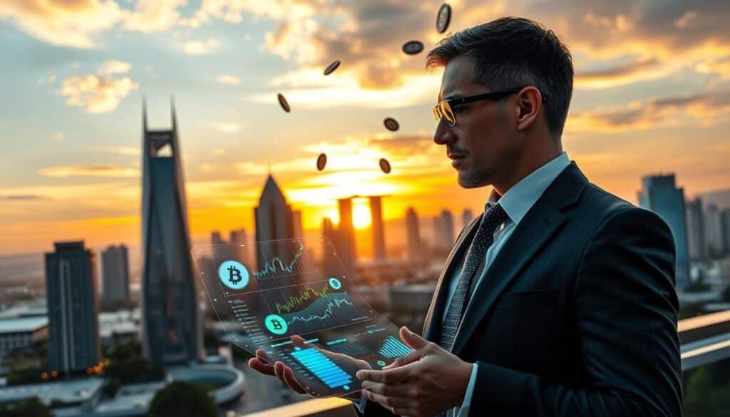 A futuristic digital landscape representing "AI crypto staking passive income" in 2026. In the foreground, a professional individual in smart business attire is analyzing data on a holographic interface displaying cryptocurrency symbols and graphs. The middle ground features sleek, modern buildings adorned with circuit patterns, symbolizing technological advancement and finance. In the background, a vibrant skyline with a sunset casting a warm glow enhances the atmosphere, while digital coins float in the air, representing passive income generation. The lighting is soft but dynamic, creating an optimistic mood, with a slight lens flare to emphasize innovation. The angle is slightly elevated, giving a broad view of this advanced financial ecosystem. A futuristic digital landscape representing "AI crypto staking passive income" in 2026. In the foreground, a professional individual in smart business attire is analyzing data on a holographic interface displaying cryptocurrency symbols and graphs. The middle ground features sleek, modern buildings adorned with circuit patterns, symbolizing technological advancement and finance. In the background, a vibrant skyline with a sunset casting a warm glow enhances the atmosphere, while digital coins float in the air, representing passive income generation. The lighting is soft but dynamic, creating an optimistic mood, with a slight lens flare to emphasize innovation. The angle is slightly elevated, giving a broad view of this advanced financial ecosystem.