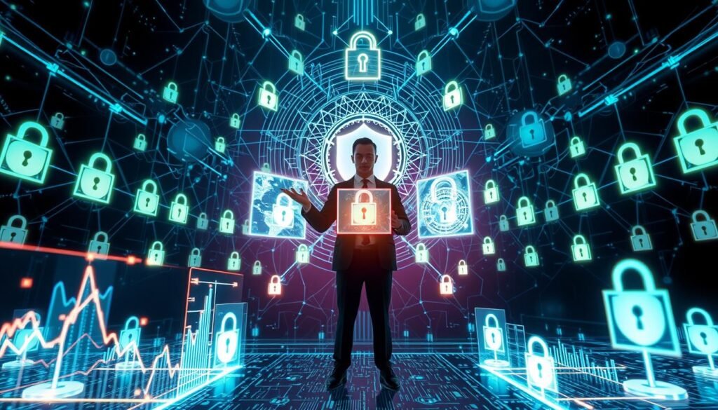 A futuristic digital landscape representing AI in crypto security. In the foreground, a sleek AI interface featuring glowing holographic graphs and data streams, symbolizing real-time analysis and monitoring of cryptocurrency transactions. In the middle, a shadowy figure in professional business attire stands confidently, their hands gesturing towards floating screens showcasing intricate security algorithms. The background features a complex network of cryptocurrency symbols intertwined with locks and shields, illuminated by soft blue and green lights to create a sense of security and innovation. Use a wide-angle lens to capture depth, enhancing the atmosphere of cutting-edge technology and vigilance, as if to convey the importance of safeguarding against money laundering in the crypto realm.