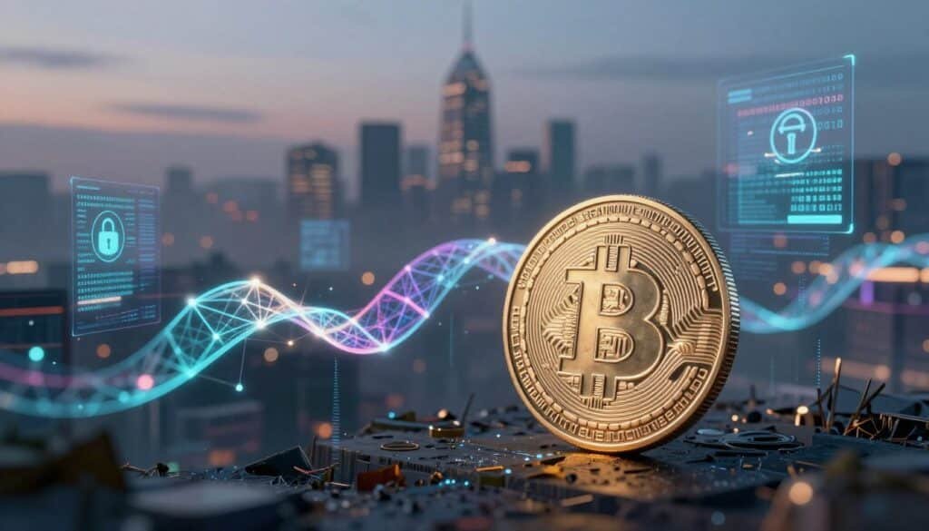 A futuristic digital landscape representing the concept of privacy cryptocurrencies. In the foreground, a sleek, glowing cryptocurrency coin with intricate designs symbolizing privacy, such as a lock or shield, surrounded by digital data streams. In the middle, abstract representations of blockchain technology, like interconnected nodes and cryptographic patterns, weave together, illuminated by neon colors. The background features a stylized city skyline at dusk, cascading layers of digital screens displaying binary code and security symbols, shrouded in a misty atmosphere. Soft, diffused lighting creates a mysterious yet engaging mood, highlighting the importance of privacy in the digital financial world. The scene is viewed from a slightly elevated angle, emphasizing both the coin and the expansive digital environment.