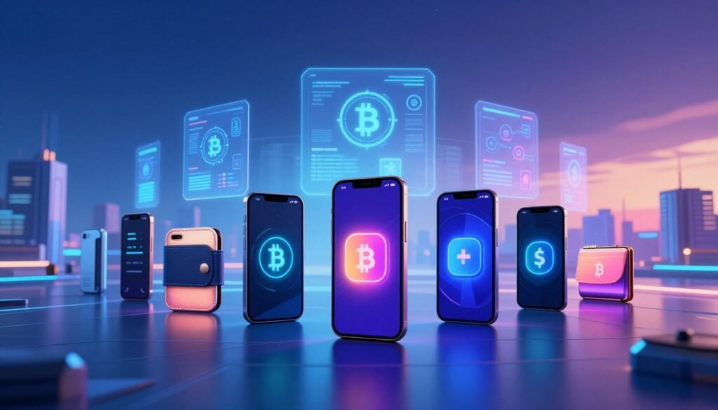 A futuristic digital landscape showcasing a diverse range of crypto wallets. In the foreground, sleek, modern mobile devices displaying vibrant wallet interfaces with dynamic animations. In the middle ground, a stylized cityscape with holographic information panels illustrating various cryptocurrencies and their symbols. The background features a gradient sky transitioning from deep blue to bright neon hues, symbolizing innovation. Soft, ambient lighting with a focus on glowing elements creates a high-tech atmosphere. Use a wide-angle lens perspective that emphasizes depth, showing the progression from traditional wallets to advanced digital solutions. Capture a mood of excitement and potential, reflecting the rapid evolution of technology in the crypto landscape.