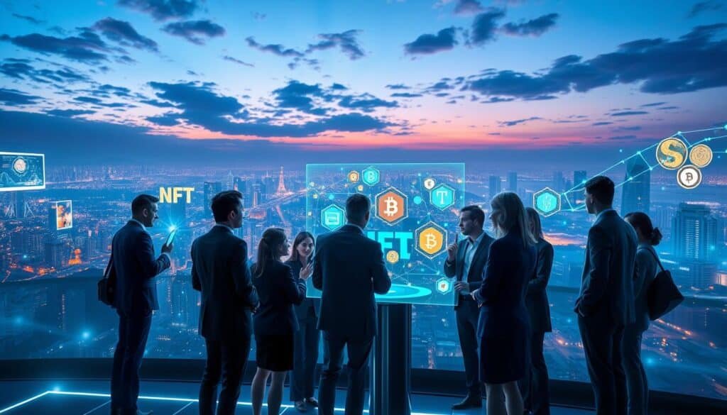A futuristic digital landscape showcasing blockchain technology in NFT development. In the foreground, a diverse group of professionals in business attire collaborates around a holographic display featuring vibrant NFT artworks and blockchain nodes, emphasizing teamwork and innovation. The middle ground depicts sleek, glowing blockchain servers and interconnected digital currencies flowing like streams of light, signifying data processing. The background reveals a sprawling cityscape filled with digital billboards displaying NFTs and cryptographic symbols under a twilight sky, bathed in soft blue and purple lights. The atmosphere is dynamic and optimistic, capturing the essence of technological advancement and collaboration in the blockchain space. Use a wide-angle perspective to enhance the depth of the scene, with a focus on lighting that creates an ethereal glow around the blockchain elements.