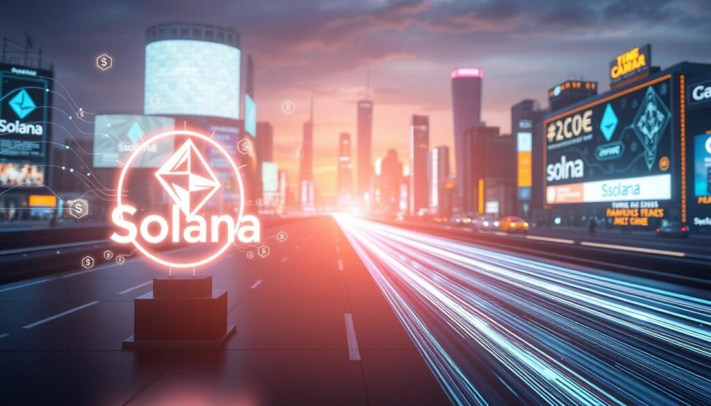 A futuristic digital landscape showcasing the advantages of Solana gas fees and transaction speed. In the foreground, a glowing Solana logo stands prominently, surrounded by sleek, holographic icons symbolizing fast transactions and low fees, radiating energy and innovation. The middle ground features a flowing stream of data represented by dynamic lines and digital currency symbols moving quickly, illustrating the rapid transaction capability. The background reveals a bustling, vibrant city skyline at dusk, illuminated by bright electronic billboards displaying blockchain graphics. Soft, cool lighting enhances the technological atmosphere, with a subtle depth of field effect focusing on the foreground elements. The overall mood conveys efficiency, progress, and the promising future of cryptocurrency transactions.