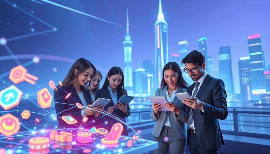 A futuristic digital landscape showcasing the concept of NFT staking rewards. In the foreground, a holographic display of various collectible NFTs, glowing with vibrant colors, and interconnecting lines representing blockchain technology. In the middle ground, a diverse group of individuals in professional business attire, analyzing data on sleek tablets with expressions of excitement and curiosity. The background features a towering digital skyline, illuminated by neon lights, symbolizing innovation and growth in the NFT market. The scene is lit with soft blue and purple lighting, creating a tech-savvy and optimistic atmosphere. The angle is slightly elevated, providing a panoramic view of the dynamic environment, emphasizing the interplay of technology and finance in the world of NFTs in 2026.
