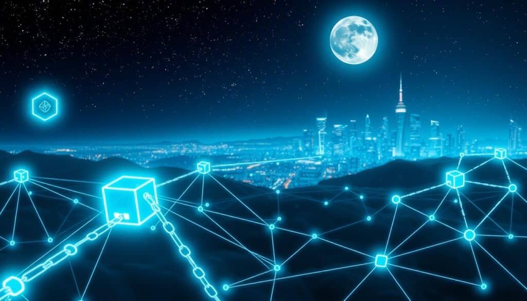 A futuristic digital landscape showcasing the concept of blockchain sidechains. In the foreground, intricate, glowing chains represent sidechains connecting various stylized blocks symbolizing main blockchain networks. The middle ground features a network of interconnected nodes and lines, illustrating data flow and interoperability. In the background, a sleek city skyline with bright lights suggests technology and innovation, under a night sky filled with stars and a luminous moon. The scene is illuminated by a soft blue and green glow that creates a high-tech, professional atmosphere. The image is viewed from a slightly elevated angle, enhancing the depth and complexity of the blockchain structure, conveying a sense of advancement and clarity in the blockchain space.