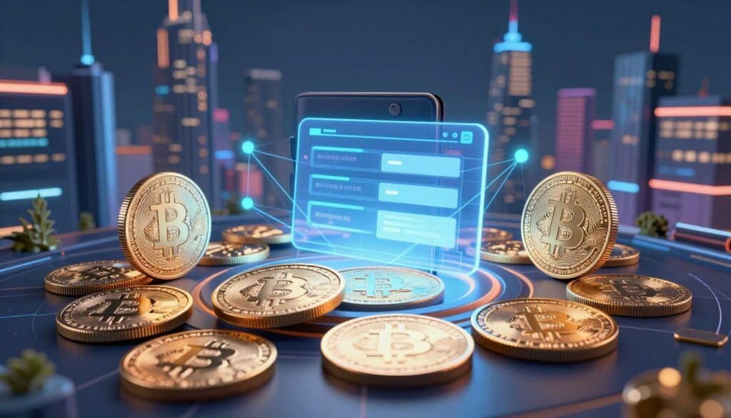 A futuristic digital landscape showcasing the concept of micropayments cryptocurrency. In the foreground, detailed representations of diverse cryptocurrencies as stylized coins with intricate designs, featuring symbols and glowing edges. The middle ground includes a digital wallet interface displaying small transaction amounts, surrounded by interconnected lines symbolizing financial networks. The background features a modern city skyline with neon lights, evoking a high-tech atmosphere. Soft, ambient lighting creates a calm yet innovative vibe. The perspective is slightly elevated, capturing the dynamic interaction between technology and finance. Overall, the image conveys the excitement and potential of micropayment systems in a cryptocurrency-driven future.