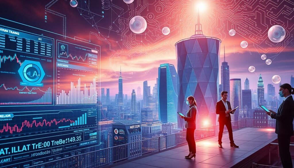 A futuristic digital landscape showcasing the evolution of AI trading tools in crypto markets. In the foreground, detailed holographic interfaces displaying real-time trading data and AI algorithms, accompanied by abstract charts and graphs illustrating market trends. The middle ground features sleek AI robots analyzing data streams, symbolizing advanced technology, while business professionals in smart attire manage trading activities with tablets and laptops. The background consists of a vibrant city skyline representing a thriving crypto economy, under a dynamic sky filled with glowing data networks and circuit patterns. Soft, focused lighting enhances the futuristic mood, while a slight lens flare adds depth. The atmosphere conveys innovation and progress in the world of AI-driven trading.