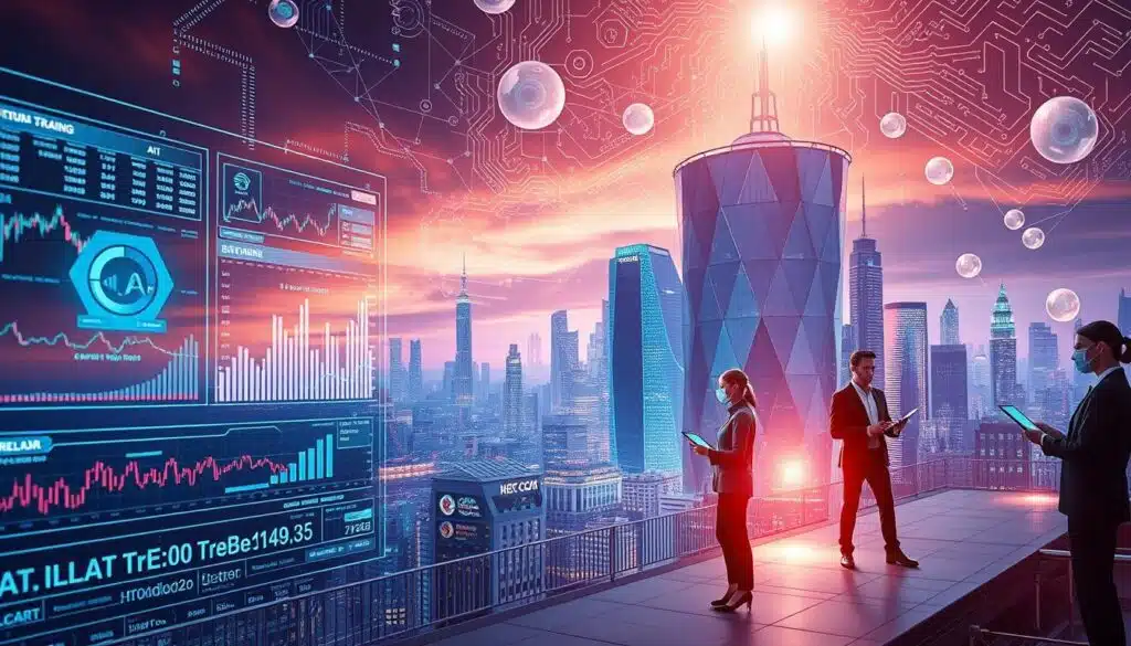 A futuristic digital landscape showcasing the evolution of AI trading tools in crypto markets. In the foreground, detailed holographic interfaces displaying real-time trading data and AI algorithms, accompanied by abstract charts and graphs illustrating market trends. The middle ground features sleek AI robots analyzing data streams, symbolizing advanced technology, while business professionals in smart attire manage trading activities with tablets and laptops. The background consists of a vibrant city skyline representing a thriving crypto economy, under a dynamic sky filled with glowing data networks and circuit patterns. Soft, focused lighting enhances the futuristic mood, while a slight lens flare adds depth. The atmosphere conveys innovation and progress in the world of AI-driven trading.