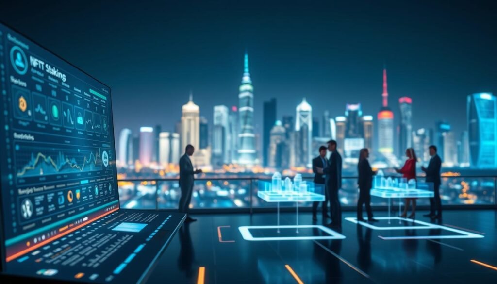 A futuristic digital landscape showcasing the evolution of NFT staking platforms. In the foreground, a sleek, modern interface displaying various NFT assets, luminescent graphs, and interactive staking options. The middle ground features a diverse group of professional individuals in business attire, engaged in discussions and analyzing data over holographic projections of staking platforms. The background presents a vibrant city skyline with high-tech architecture, symbolizing innovation and progress in the crypto space. Utilize soft, ambient lighting to create a dynamic yet professional atmosphere, with a slight bokeh effect on the cityscape to emphasize the foreground details. The angle should be a slightly elevated viewpoint, providing a comprehensive look at the interactions and evolving technology.